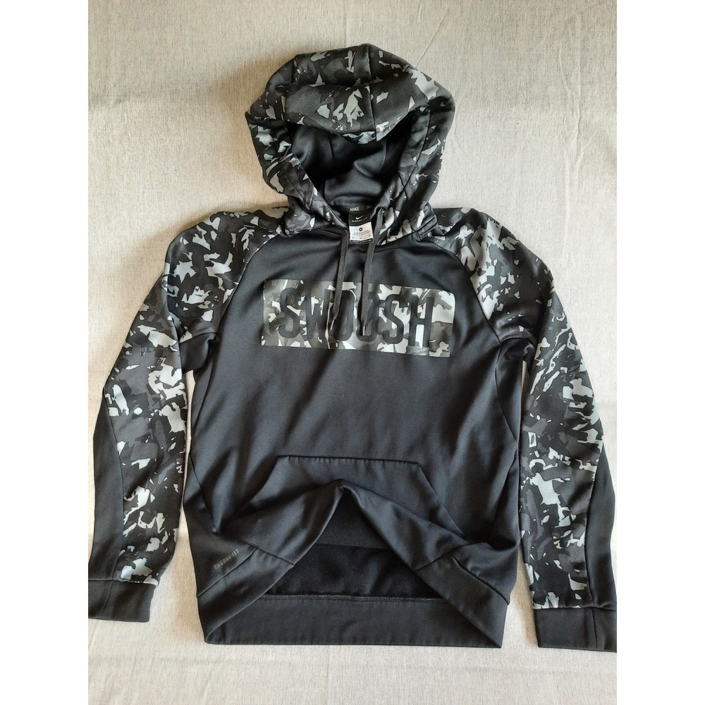 Nike Therma Fit Pullover Hoodie Men Medium Camo Swoosh Logo Black Gray Athletic